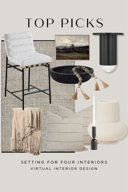 Top picks- furniture and decor.
Organic modern, neutral, natural looks.

Black, white, beige, boucle, wood, kitchen counter stool, bestseller, kitchen island stool, flush mount light, area rug, bowl, bead decor garland, vase, candle holder, throw blanket, tassel, wall art, landscape, vintage, modern, transitional, traditional, farmhouse, black and white, budget,  affordable, sale