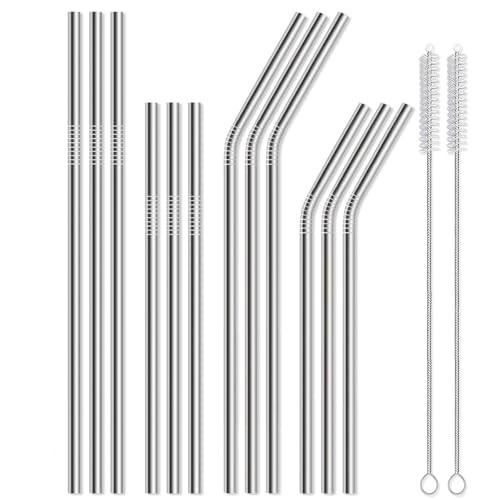 Lydnvjx 12 Pack of Reusable Stainless Steel Metal Straws, 3 Straight + 3 Bent 10.5 Inch and 3 Straight + 3 Bent 8.5 Inch Metal Straws with 2 Cleaning Brushes for 20 24 30 oz Tumbler Dishwasher Safef | Amazon (US)