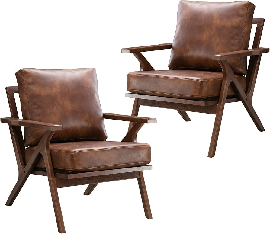 Bonzy Home Mid-Century Modern Accent Chair Set of 2, Upholstered PU Leather Armchair with Solid W... | Amazon (US)
