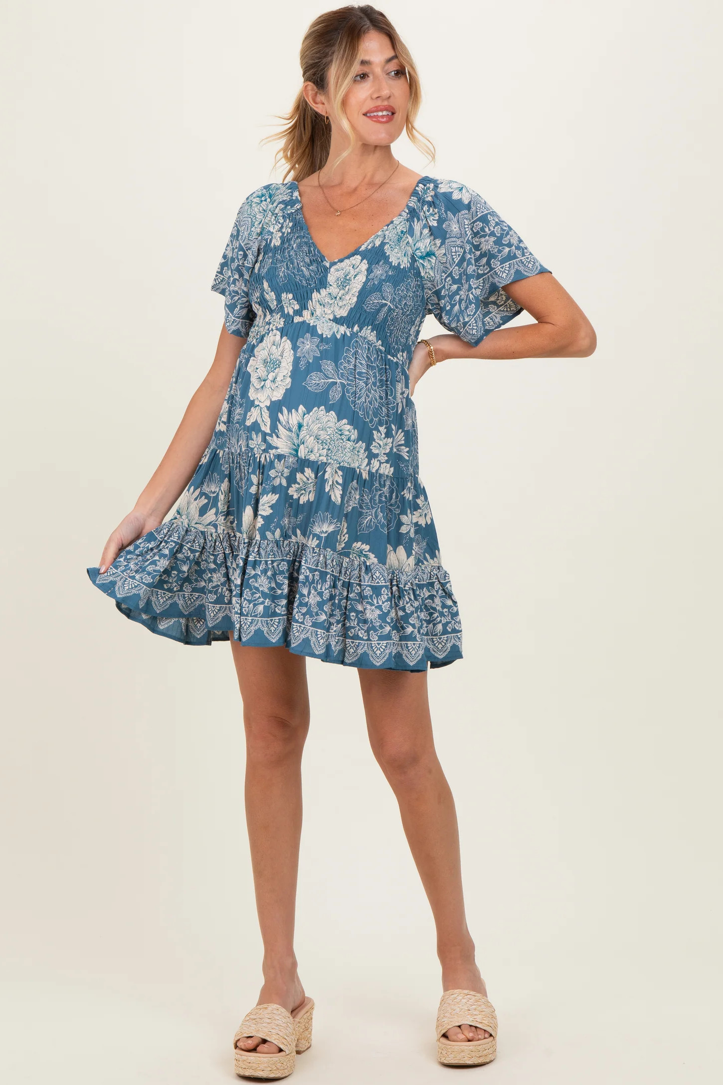 Green Short Sleeve Floral Smocked Bodice Maternity Dress | PinkBlush Maternity