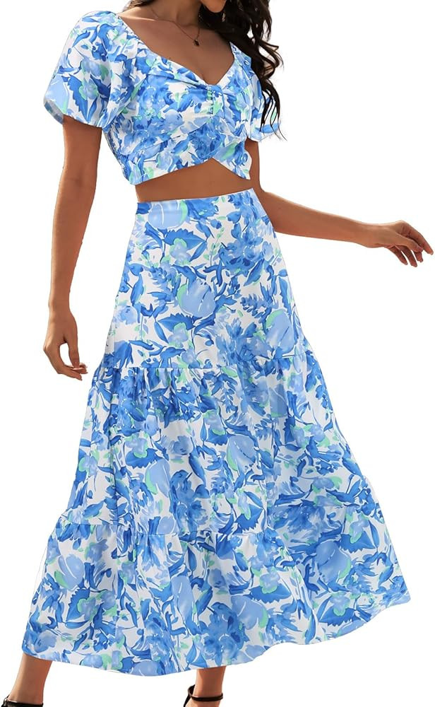 DRESSTELLS Women's 2 Piece Skirt Set, Floral Skirt Set Outfits Suit, Top & Long Skirts, Casual Bo... | Amazon (US)