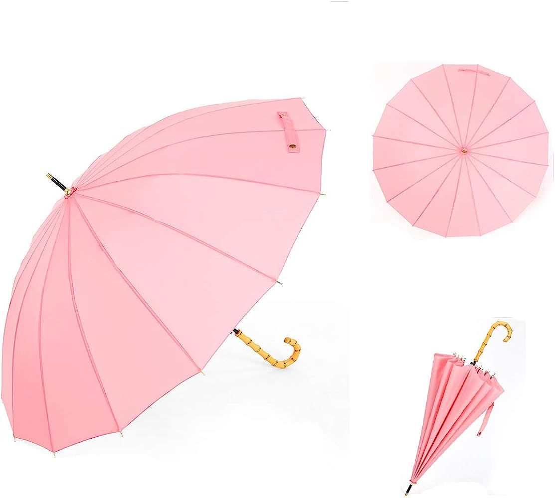 ThreeH Bamboo Stick Umbrella Auto Open Solid Color Fashionable and Simple 190T 16 Ribs,KS08 White | Amazon (US)