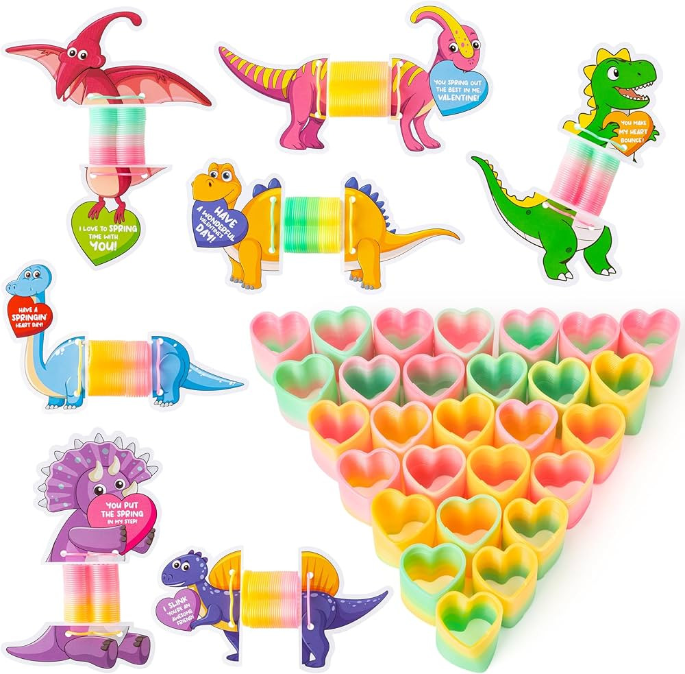 ANGOLIO 56 Valentine's Day Dinosaur Cards with Rainbow Springs for Kids Stress Relief Coil Spring... | Amazon (US)