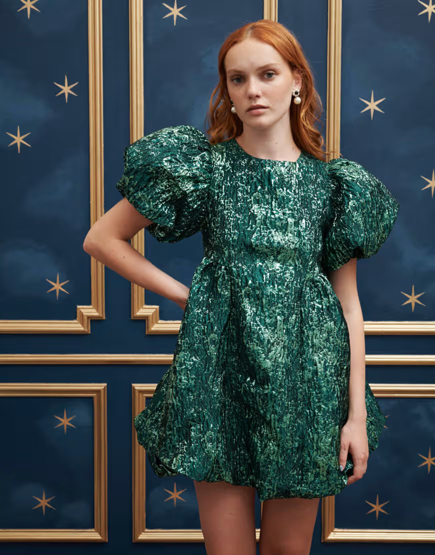 Sister Jane puff sleeve mini jacquard dress in emerald green | ASOS (Global)