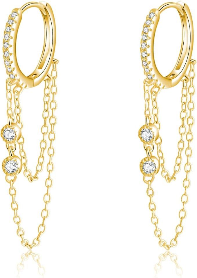 Reffeer 925 Sterling Silver Chain Drop Earrings Hoop for Women Teen Girls CZ Hoop Chain Earrings ... | Amazon (US)