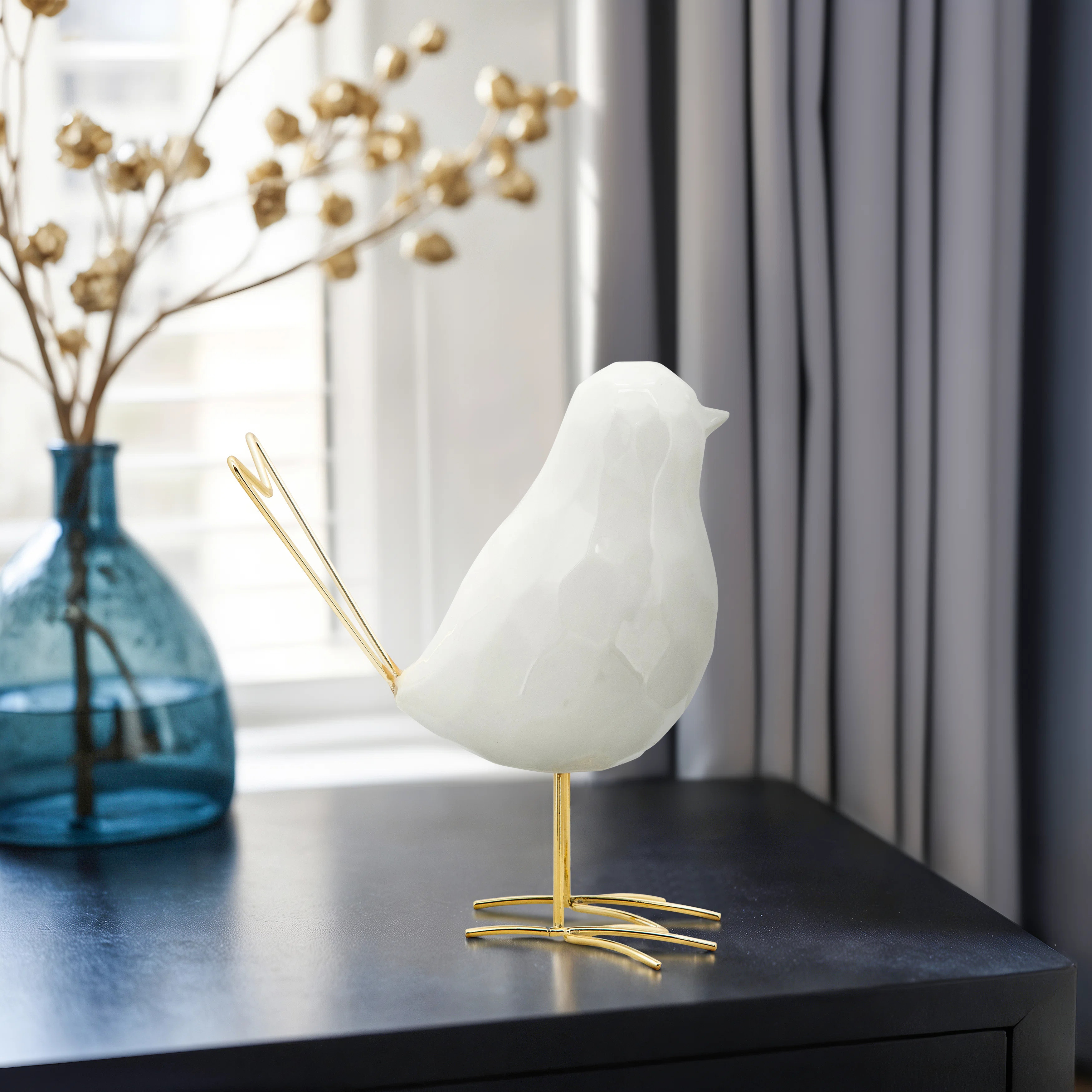 Modern White Stoneware & Ceramic Bird Figurine with Gold Metal Accents - 8" Decorative Sculpture ... | Wayfair North America