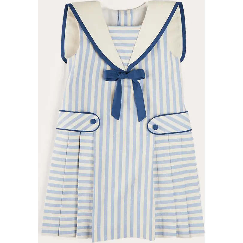 Regency Striped Mariner Collar Pleated Sleeveless Dress in Blue | Maisonette