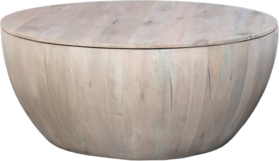 The Urban Port 37 Inch Round Coffee Table, Washed White Mango Wood | Amazon (US)