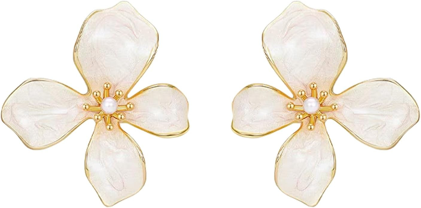 Irregular Statement Earrings for Women Unique Stainless Steel Petal White Enamel Large Stud Trend... | Amazon (US)