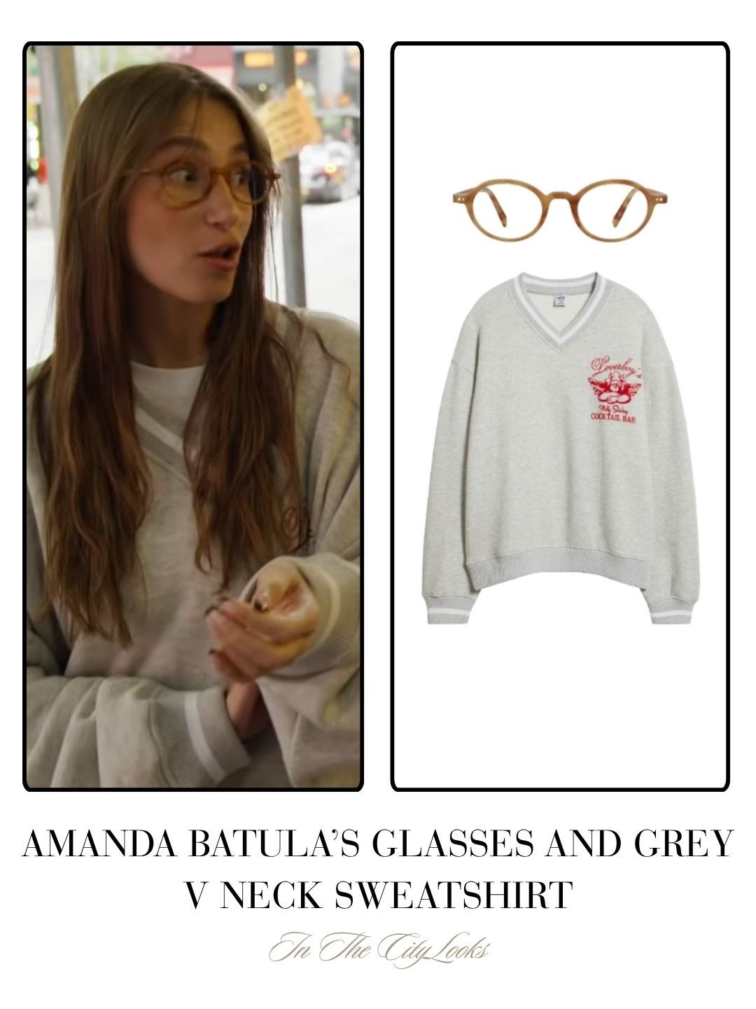 Amanda Batula’s Glasses and Grey V Neck Sweatshirt