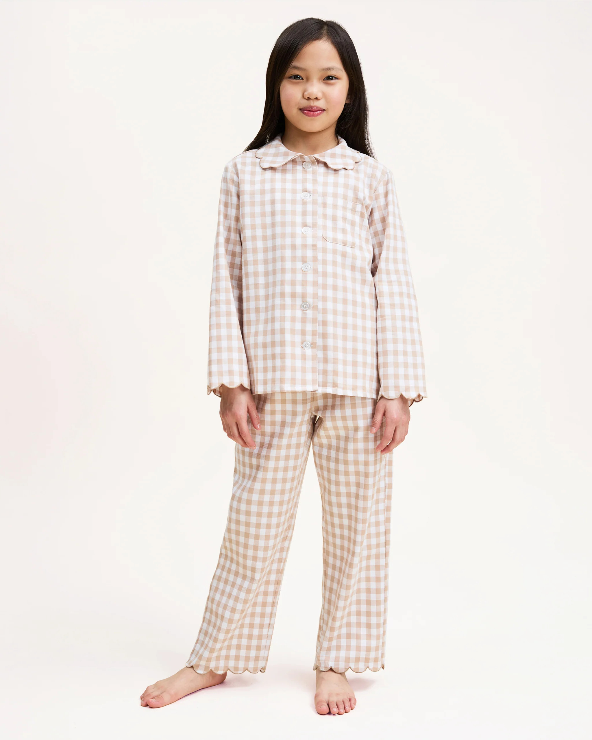 Kid's Twill Colette Pajama Set in Camel Gingham | Petite Plume