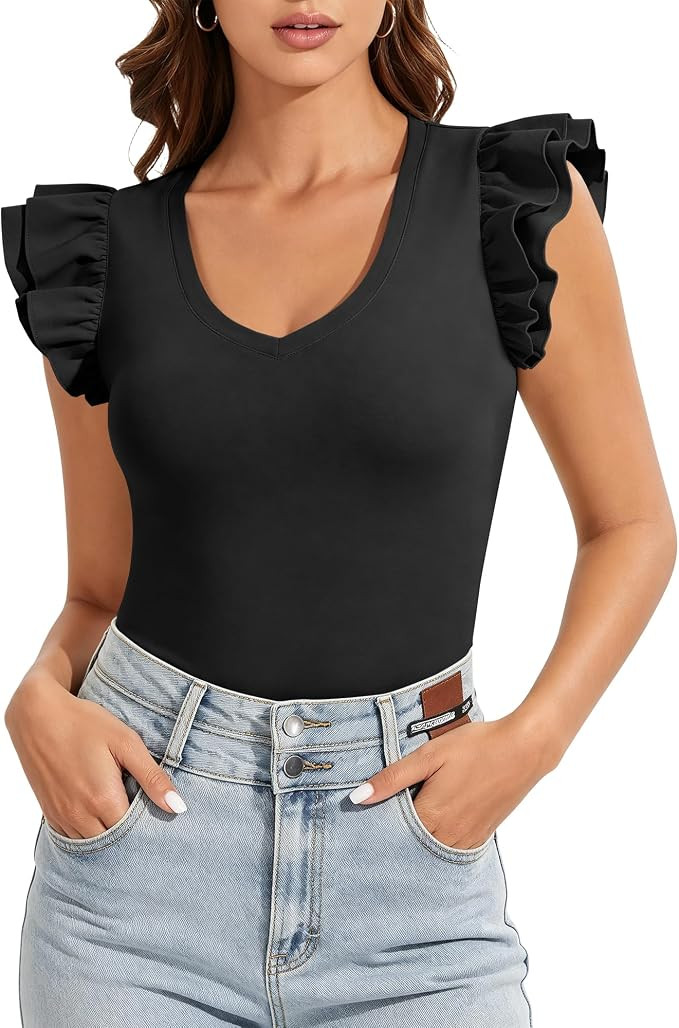 Summer V Neck T Shirts for Women Ruffle Sleeveless Tops 2026 Trendy Casual Slim Fit Going Out Top... | Amazon (US)