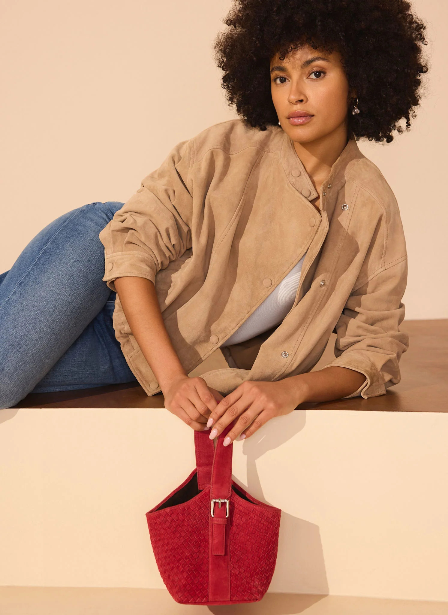 Lola Red Suede Woven Bucket Bag | Mint Velvet
