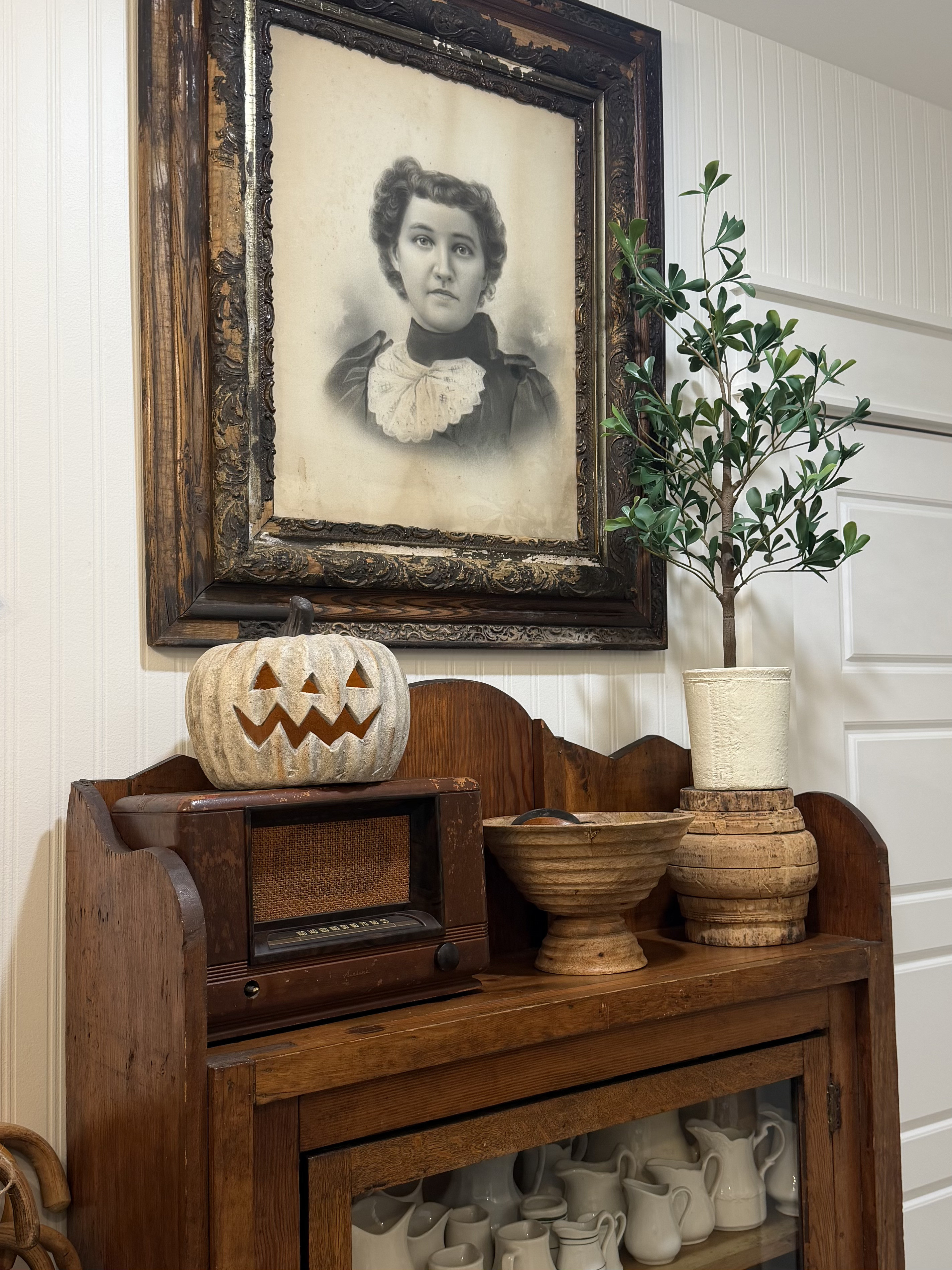 Here is a Fall shelf look that we put together in our neutral woods-and-whites home.  

 #LTKSeasonal #LTKHome
