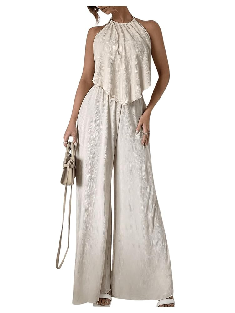 Women's Vocation Casual Two Piece Outfits Halter Tie Backless Tank Top and High Waist Wide Leg Pa... | Amazon (US)