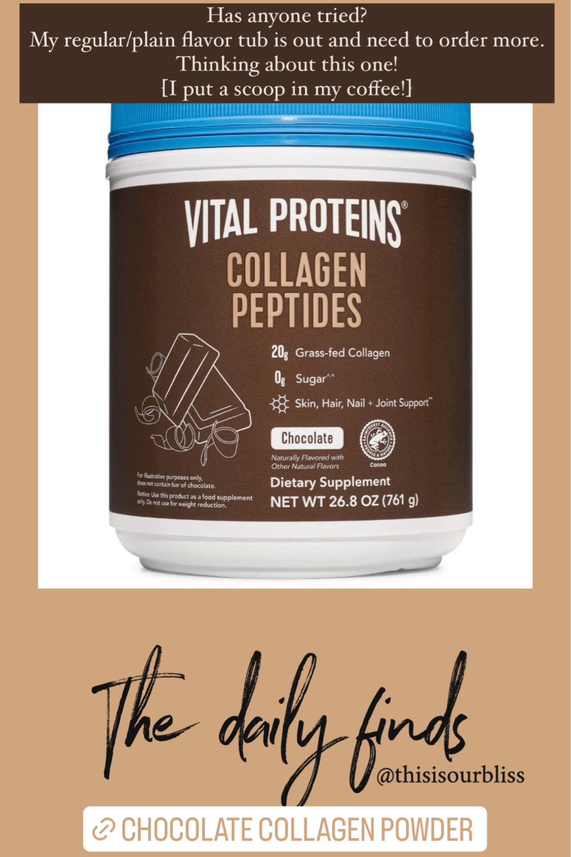 Chocolate collagen powder! Must try! Love the original in my coffee 

#LTKsalealert #LTKhome #LTKbeauty