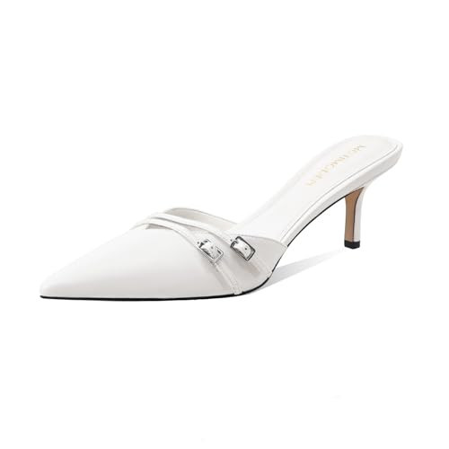 MOTIMODEN Women's White Kitten Heels Mules for Women Pointed Closed Toe Slip On Stiletto Heel Pumps Backless Vintage Sandals Buckle Mules Sexy Dress Shoes Trendy XYY-M1035WT,9 | Amazon (US)