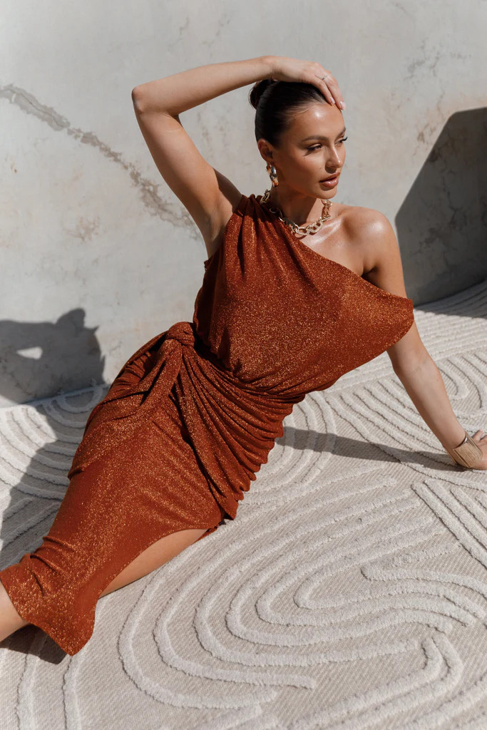 Santiago Off Shoulder Midi Dress - Bronze | Petal & Pup (US)