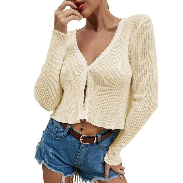 Rigardu cardigan sweaters for women Womens Solid Button Down Long Sleeve Classic Crew Neck Knit C... | Walmart (US)