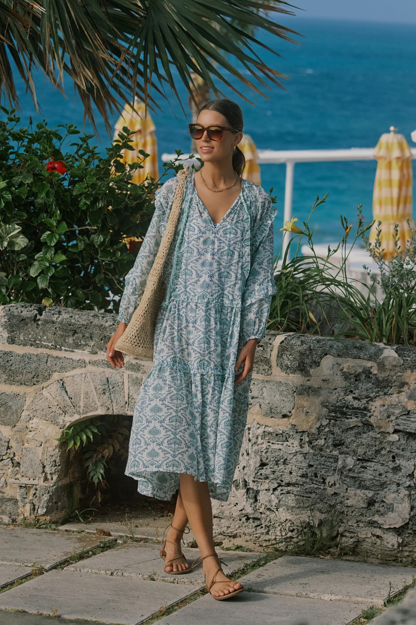 Dusty Blue Medallion Long Sleeve Ruffle Caftan | Tuckernuck (US)