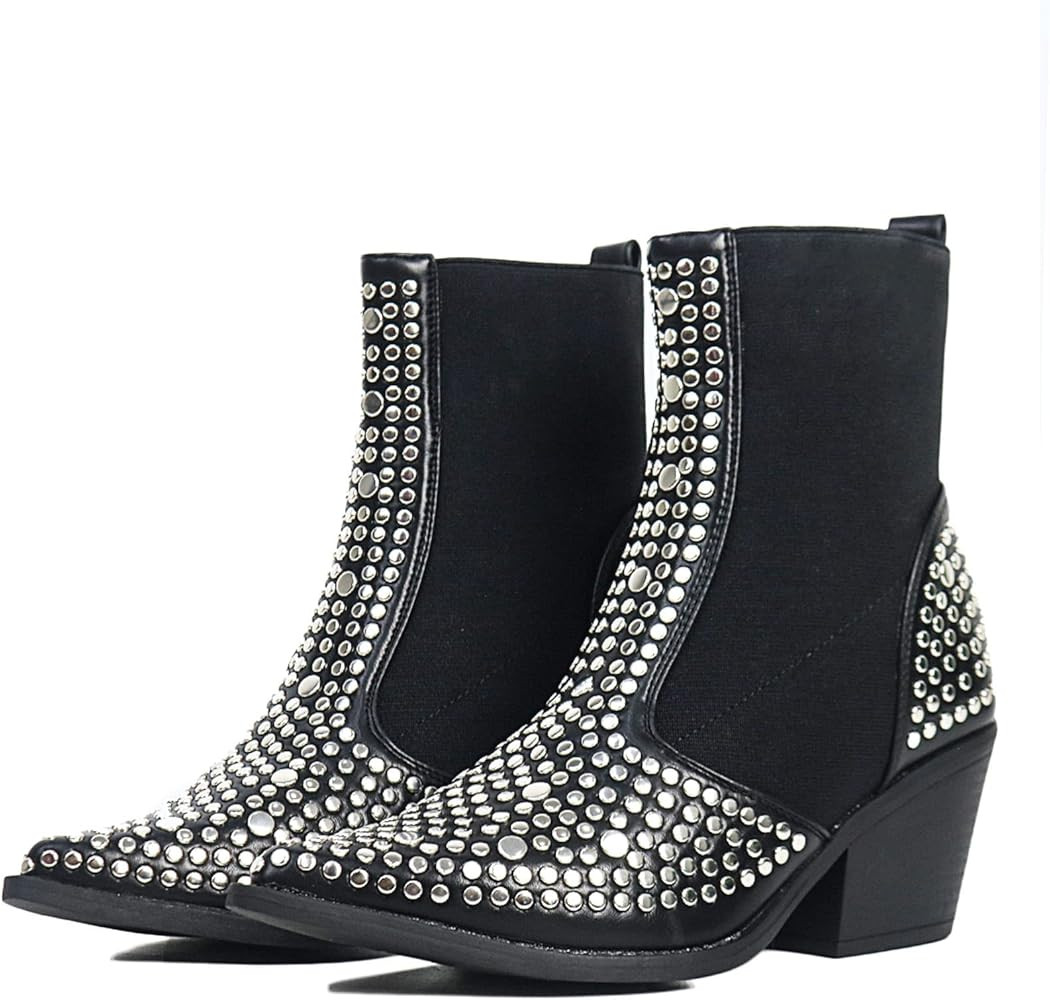 MeiLuSi Womens Cowboy Boots Rhinestone Cowgirl Boots Elastic Chelsea Boots Pointed Toe Studded Boots | Amazon (US)