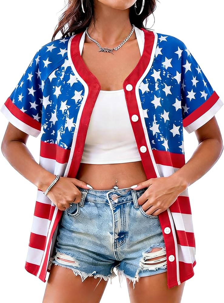 Women's American Flag Button Down Jersey Shirt Patriotic USA Short Sleeve Shirts 4th of July Base... | Amazon (US)