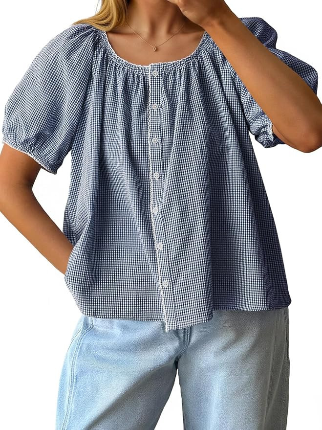 Tankaneo Womens Puff Sleeve Gingham Blouse Summer Plaid Crew Neck Cute Tops Trendy Casual Button ... | Amazon (US)