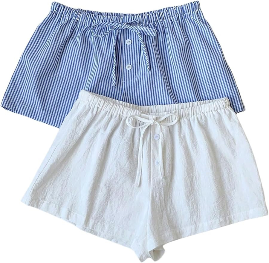 MakeMeChic Women's 2 Pack Linen Shorts Summer Beach Pajama Boxer Shorts | Amazon (US)