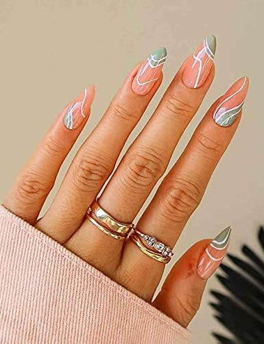 Sankki Almond French Tip Press on Nails White Swirls Medium Length Nude Fake Nails with Design Gl... | Amazon (US)