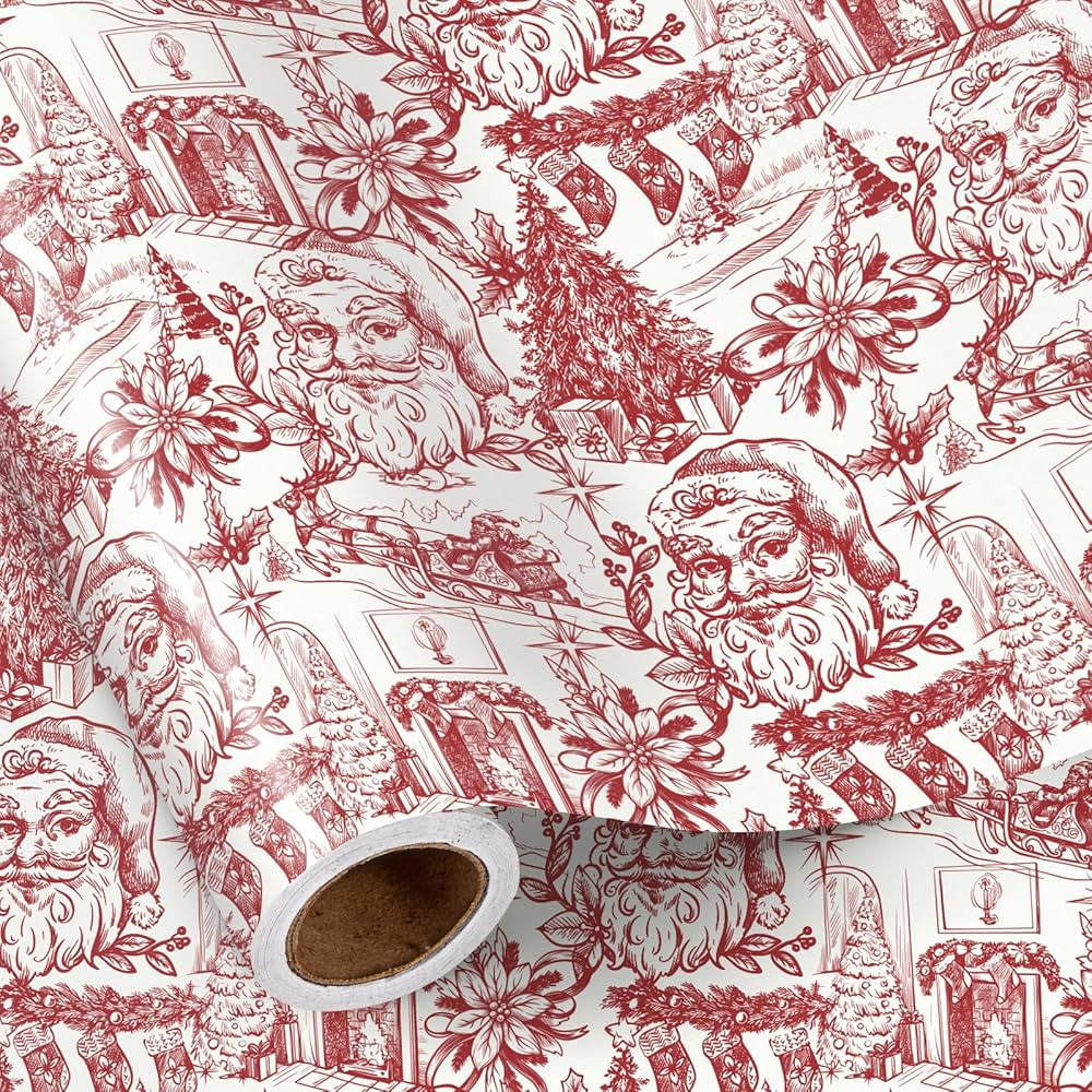 RUSPEPA Toile Christmas Wrapping Paper Roll, Mini Roll, Red and White Vintage Santa, Fireplace an... | Amazon (US)