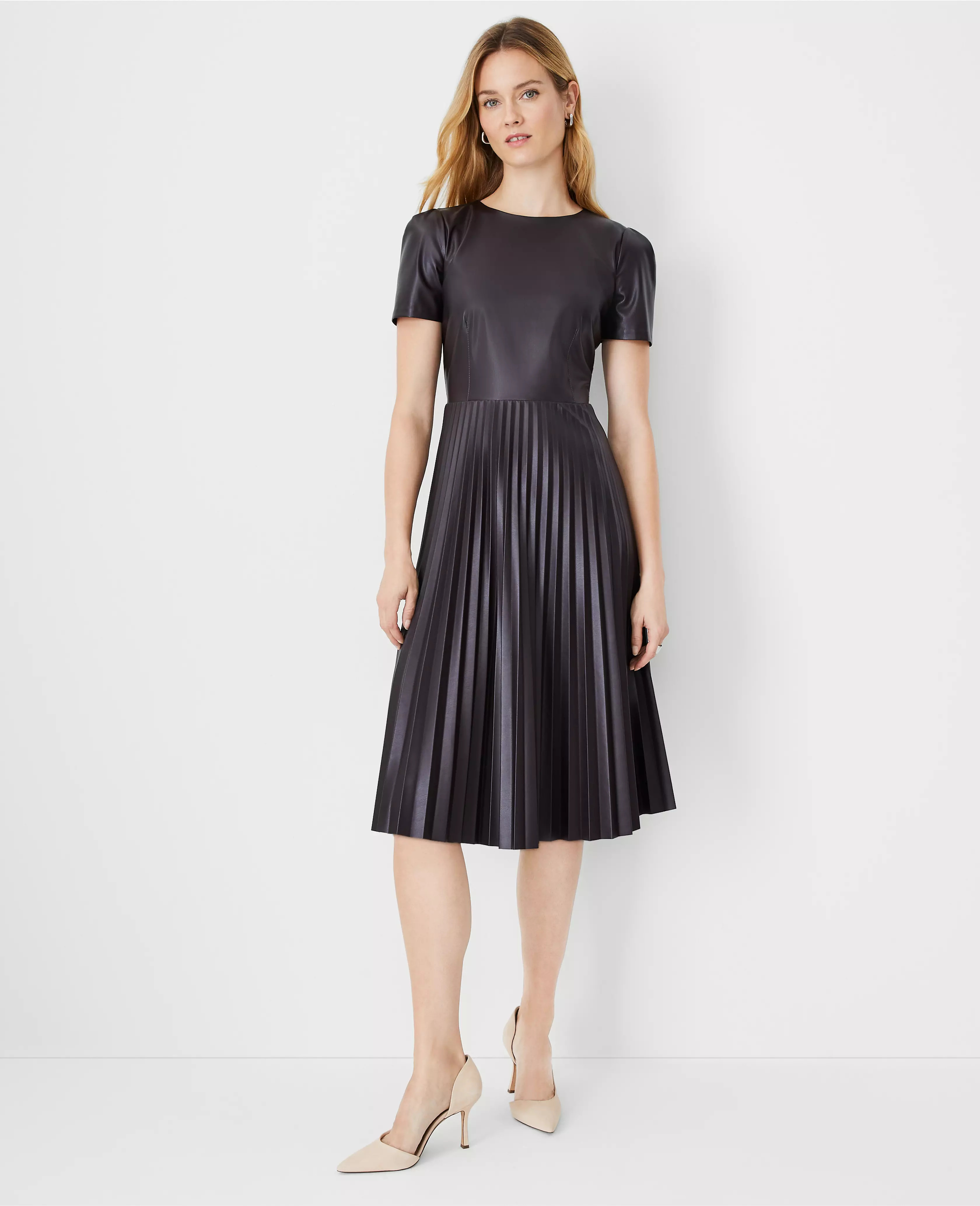 Faux Leather Pleated Flare Dress | Ann Taylor (US)