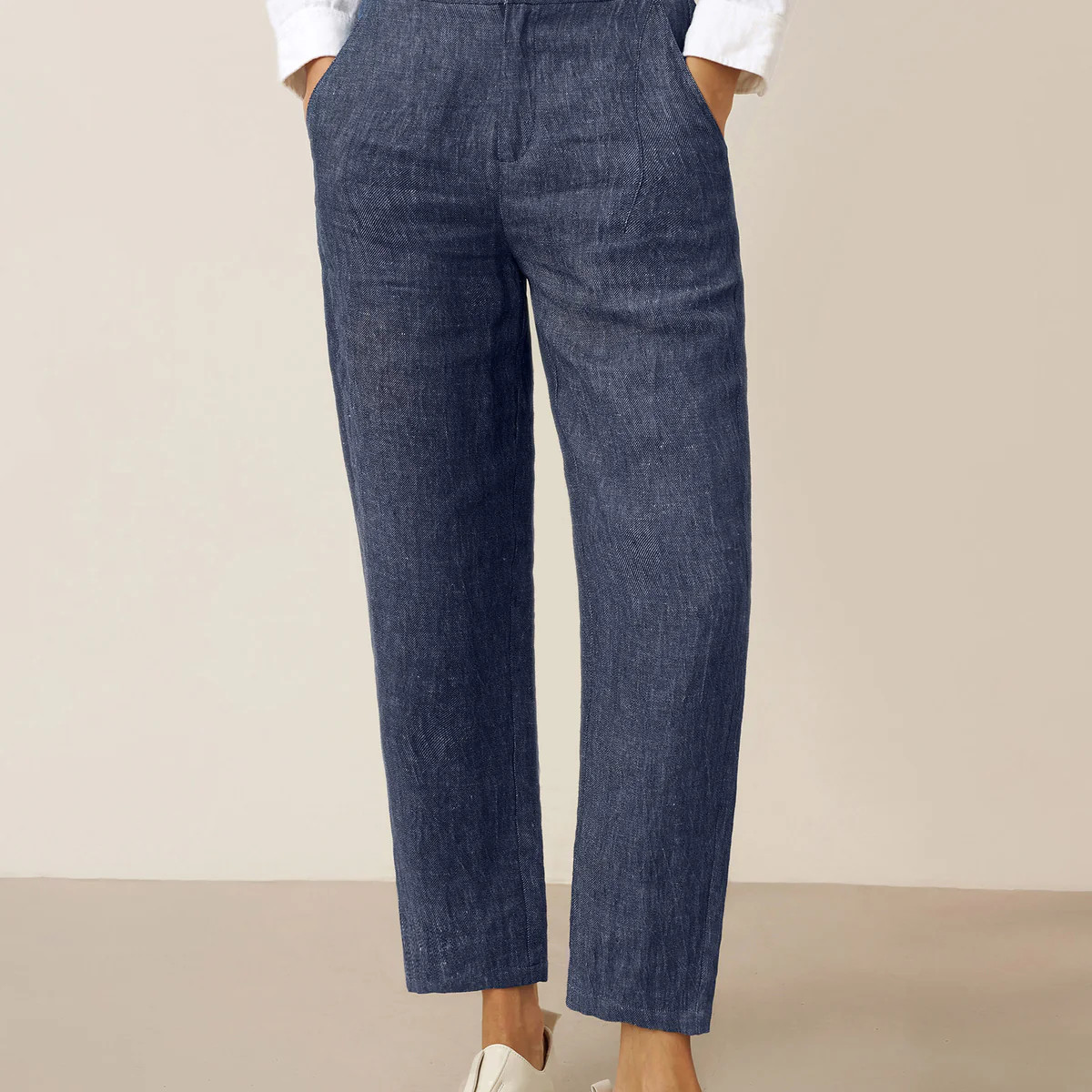 100% Linen Denim Texture Tapered Pants LAYLA | LINTICO