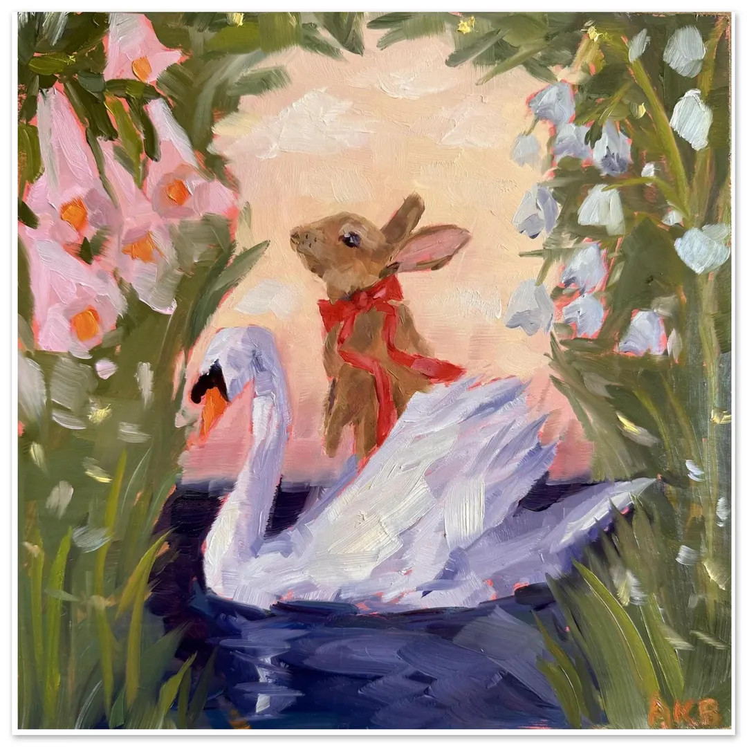 Fine Art Print, Rabbit, Swan, Bunny, Whimsical Art, Oil Painting, Children’s Room, Nursery Artw... | Etsy (US)
