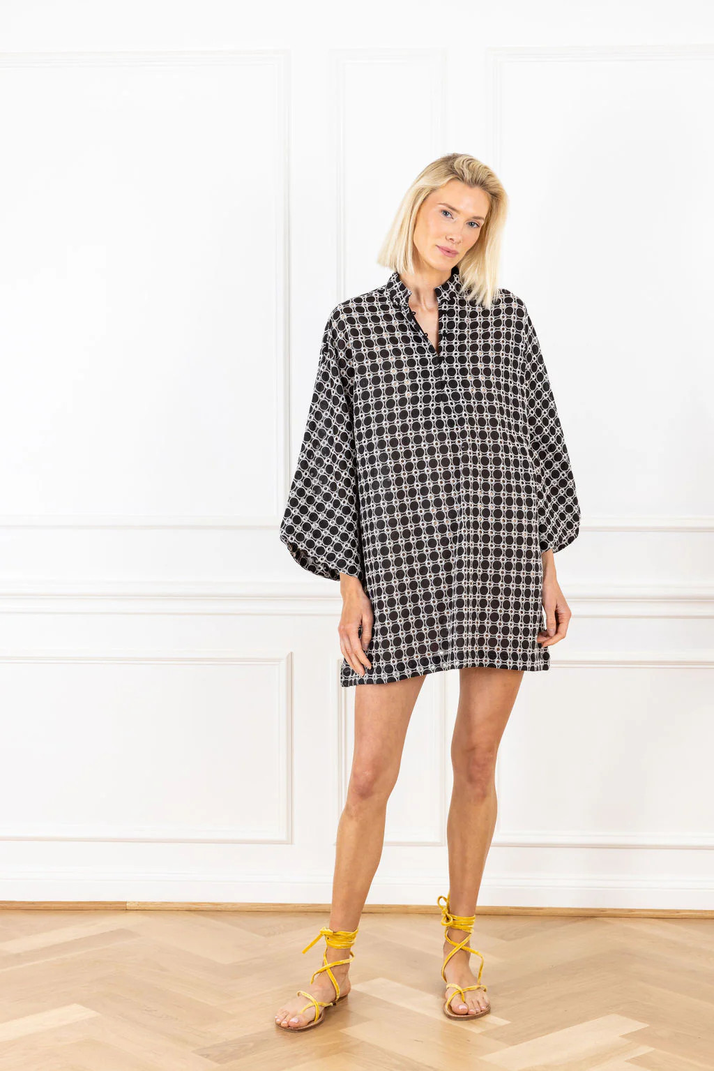 Black Eyelet Linen Mini Caftan | La Vie Style House