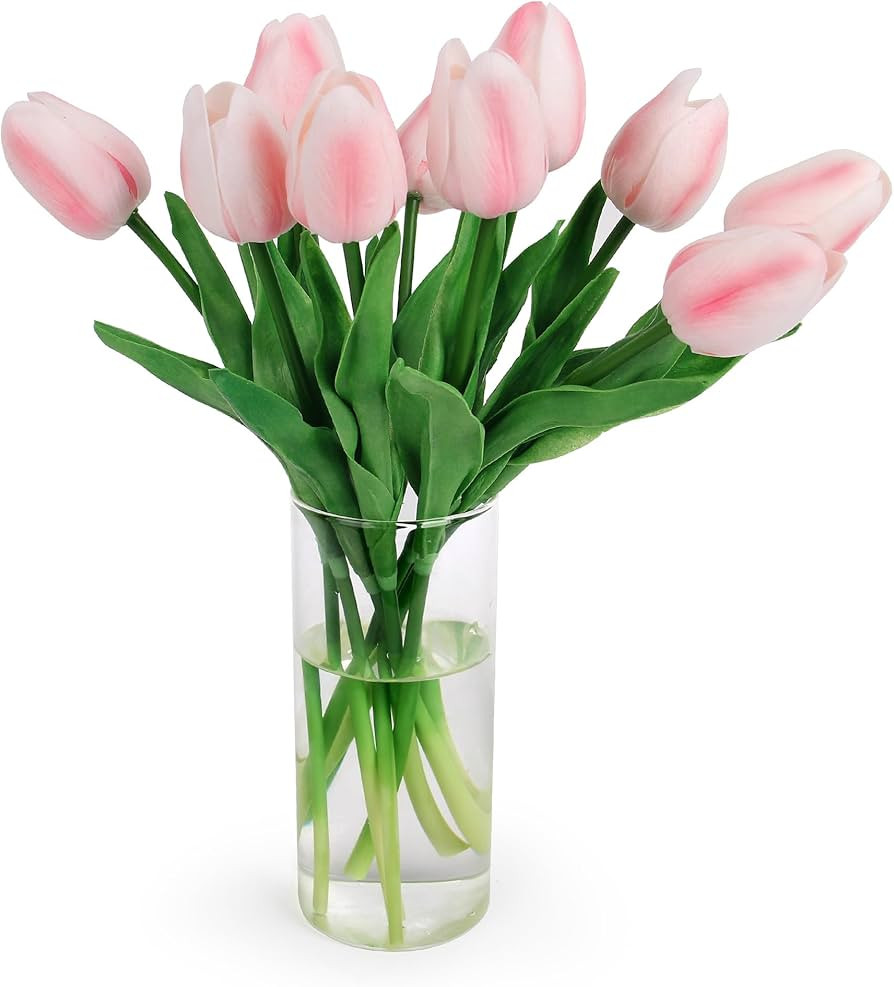 Artificial Tulip Flowers in Vase - Fake Tulip Flower with Vase - 10pcs Real Touch Rosy Pink Latex... | Amazon (US)