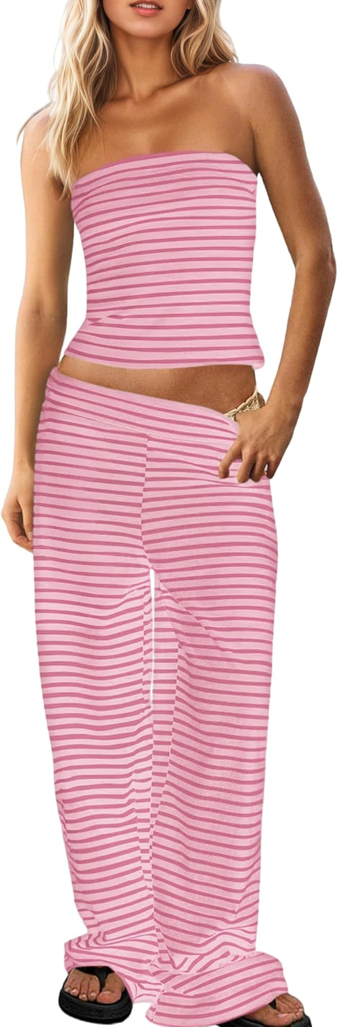 Womens Striped Tube Top Low Waist Wide Leg Pants Set Summer Beach Fashion Trendy Two Piece Y2K Ou... | Amazon (US)