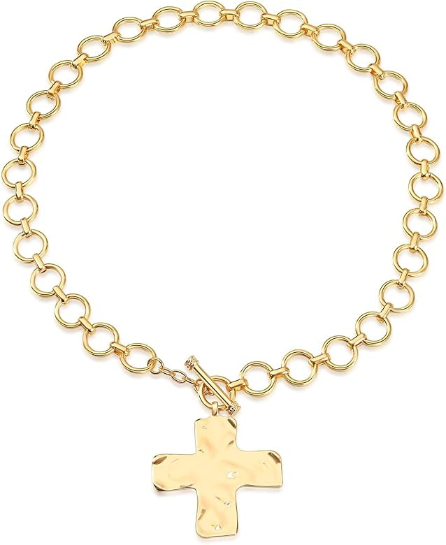 MQV Chunky Statement Gold Hammered Bold Cross Necklace Thick Chain Vintage Chain Pendant Jewelry | Amazon (US)