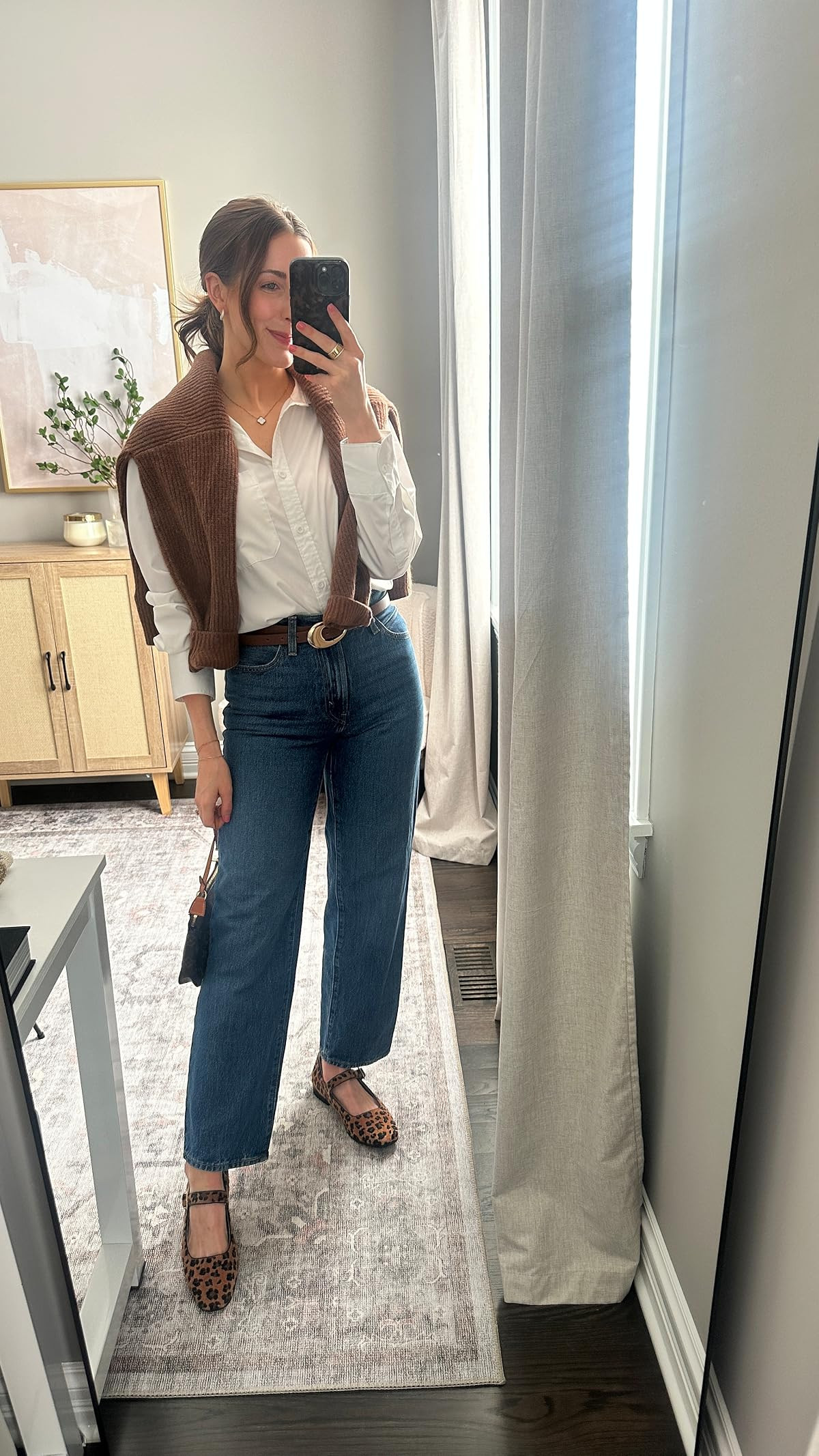 Winter outfit idea! Amazon outfit, work outfit, jeans, ballet flats, leopard print  

 #LTKFindsUnder100 #LTKStyleTip #LTKShoeCrush
