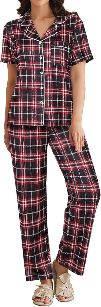Ekouaer Womens Pajamas Set Plaid PJs Soft Button Down Sleepwear Short Sleeve Nightwear with Long ... | Amazon (US)