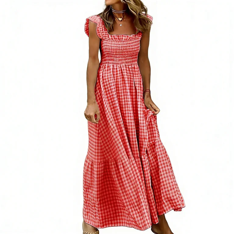 Women's Retro Pleated Suspender Ruffled Maxi Dress | Walmart (US)