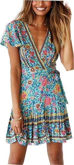TEMOFON Women's Dresses Summer Wrap Bohemian Floral Printed Ruffle Hem Short Sleeve V-Neck Beach ... | Amazon (US)