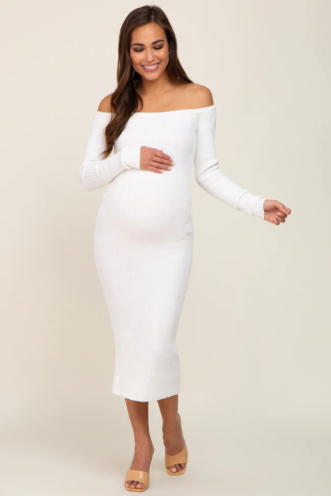 Black Ribbed Off Shoulder Long Sleeve Maternity Midi Dress | PinkBlush Maternity