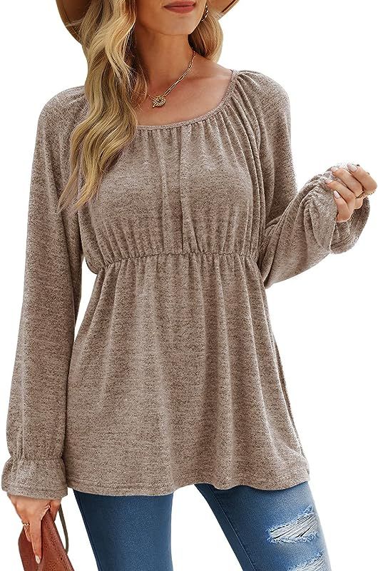 Dofaoo Womens Flounce Long Sleeve Tunic Tops Square Neck Babydoll Peplum Tops | Amazon (US)