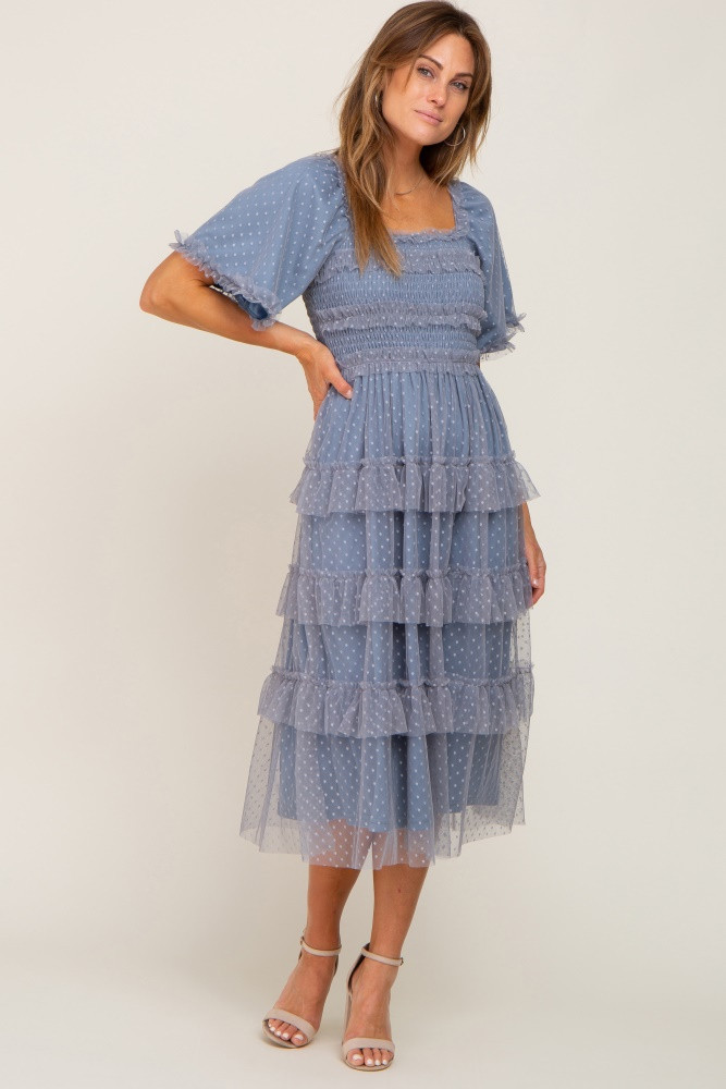 Blue Dot Smocked Ruffle Tiered Midi Dress | PinkBlush Maternity