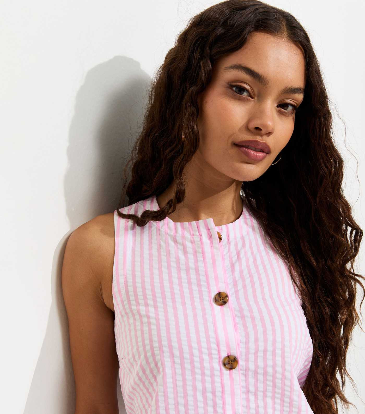 Petite Pink Seersucker Stripe Button Front Waistcoat | New Look | New Look (UK)