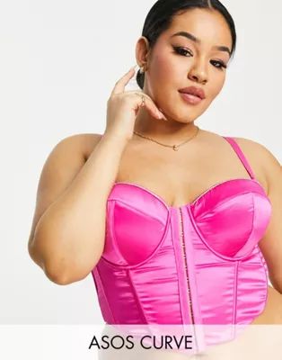 ASOS DESIGN Curve Deyanna satin corset with diamante trims in hot pink | ASOS (Global)