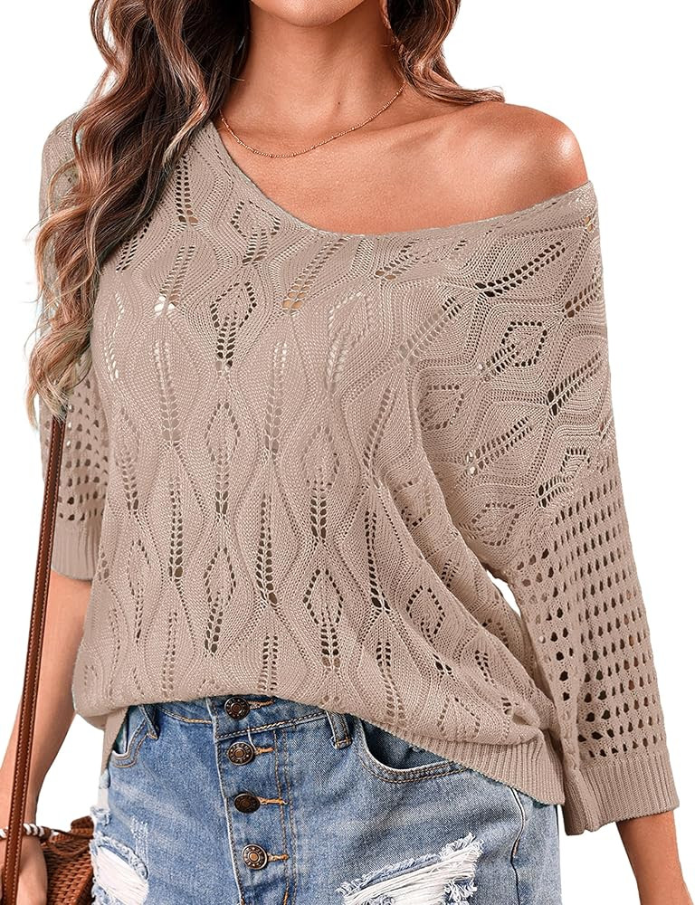 Totatuit Womens 3/4 Sleeves Crochet Hollow Out Knit Tops Summer Fashion Swimwear Beach Cover Ups ... | Amazon (US)