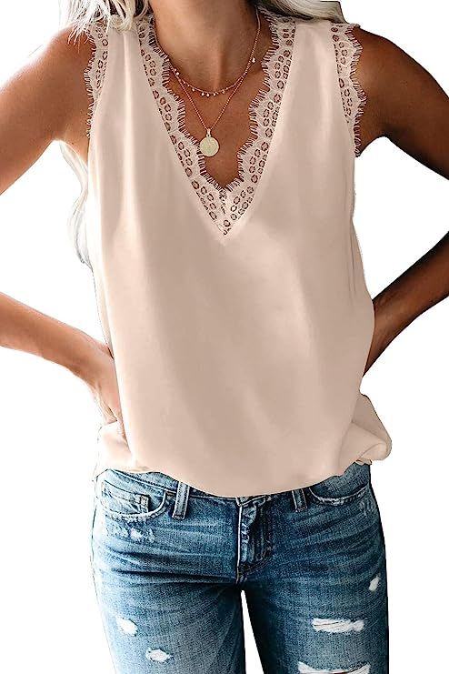 Uusollecy Women's V Neck Lace Trim Tank Tops Casual Loose Sleeveless Blouse Shirts | Amazon (US)