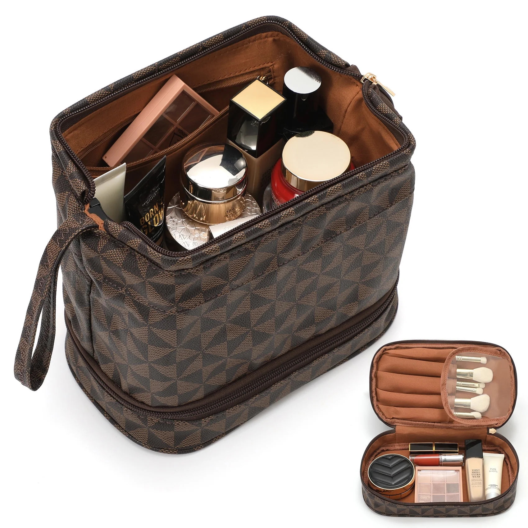 SUOSDEY Double Layer Makeup Bag Checkered Cosmetic Travel Bag for Women Men Organizers with Handl... | Walmart (US)