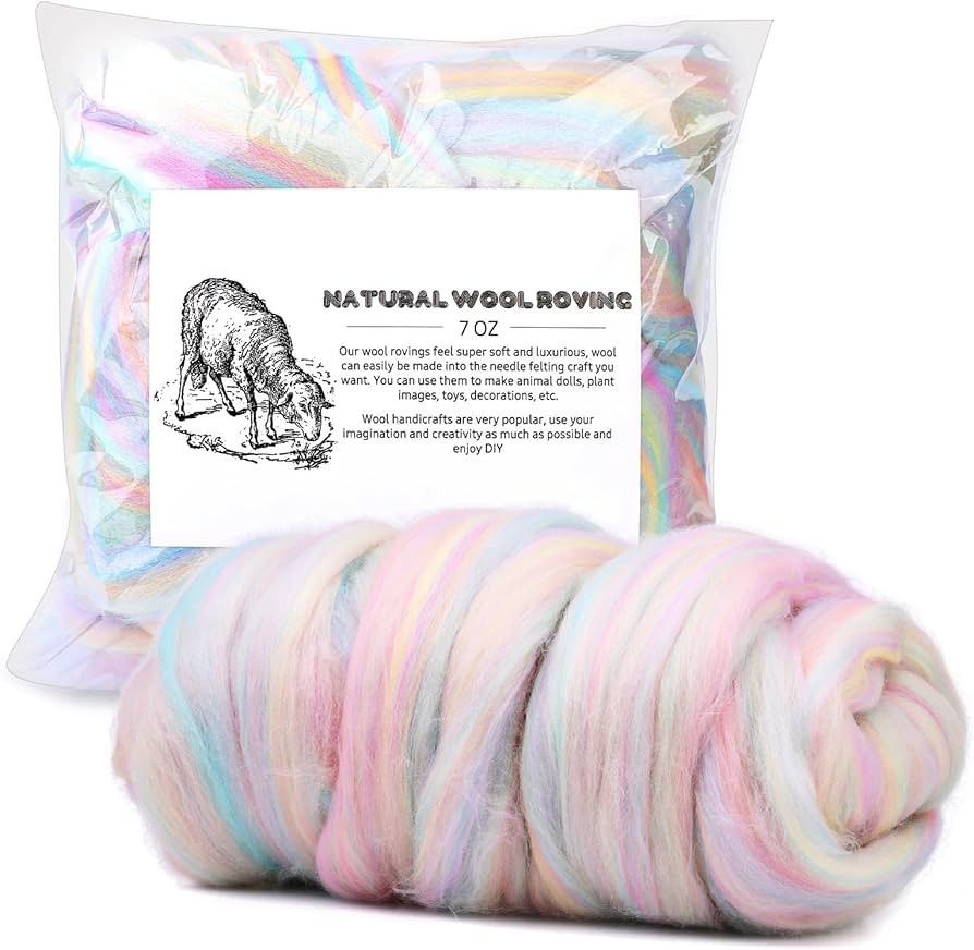 7.02oz Wool Roving Yarn, Needle Felting Wool Fiber for DIY Craft Materials, Multicolored | Amazon (US)